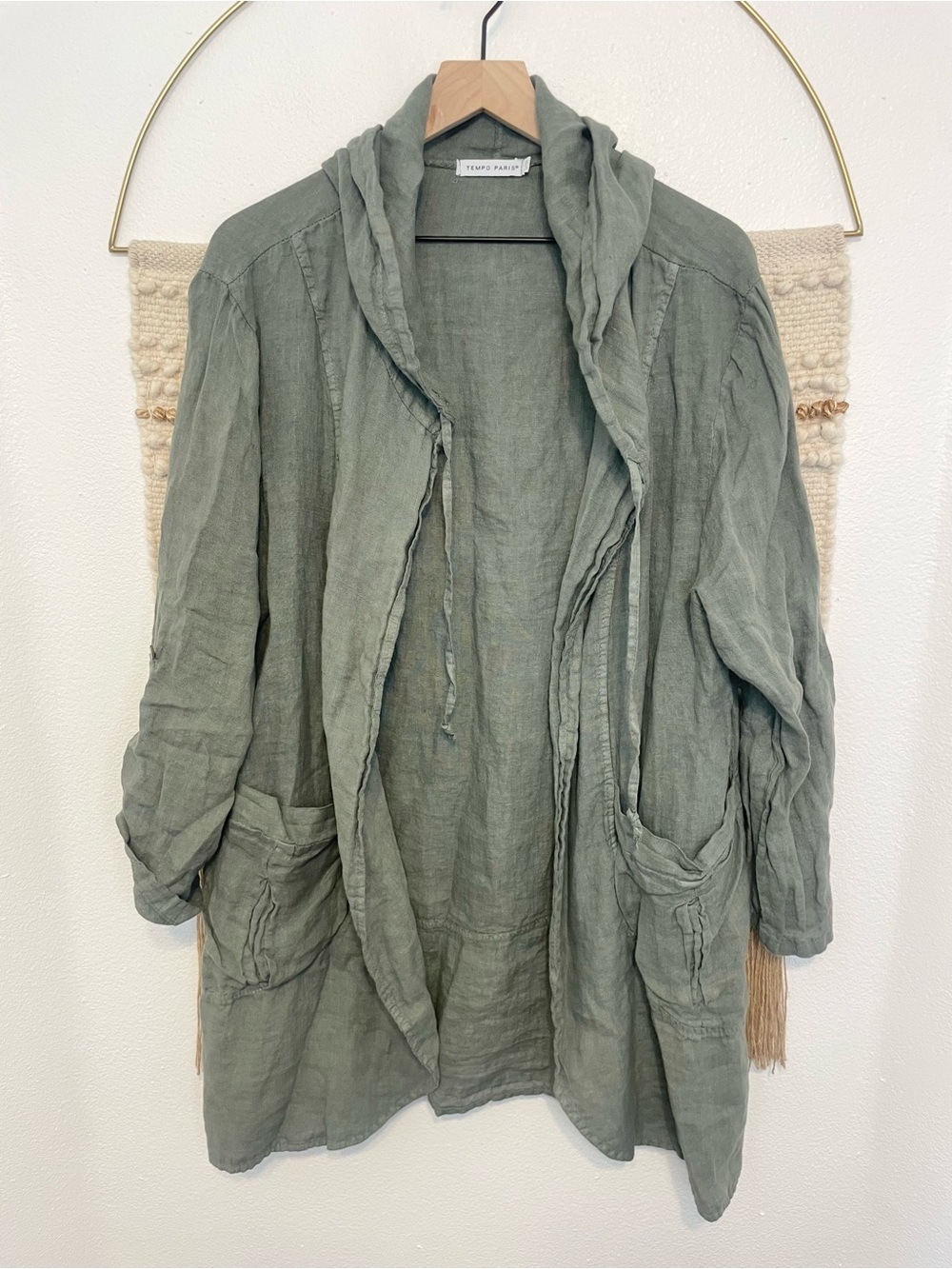 Tempo Paris Women’s Hooded Tunic Eucalyptus Green S/M Natural Fibers 100% Linen